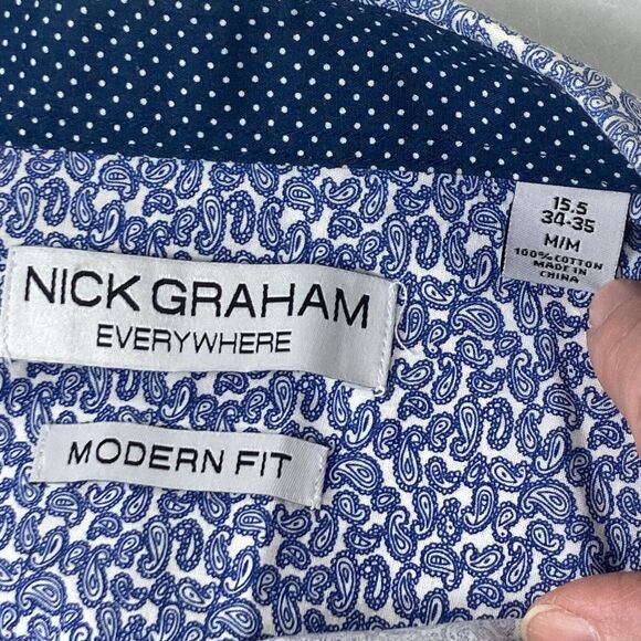 Nick Graham Everywhere Shirt Blue Paisley Flip Cuff Modern Fit 15.5 34-35 M - Picture 12 of 14